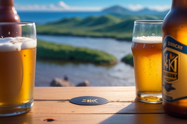 Bottle and two glasses of beer on a background of nature