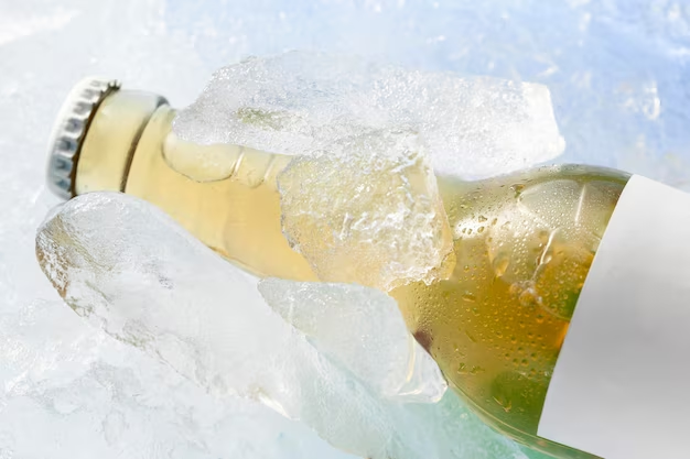 Beer bottle chilling on ice
